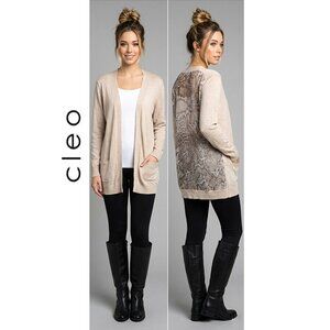 CLEO - Open front long beige cardigan with sheer back